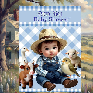 Invitation Cute Blue Check Farm Garçon Baby shower Animaux