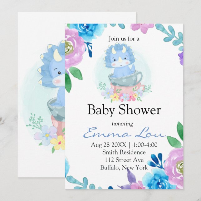 Invitation Cute Blue Dinosaur Floral Teacup Baby shower garço (Devant / Derrière)
