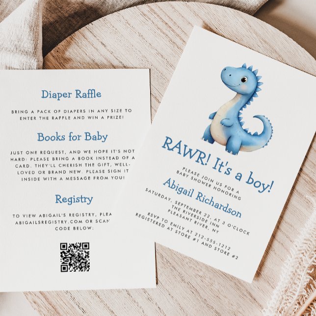 Invitation Cute Blue Dinosaur QR Code Boy Baby shower (Créateur téléchargé)