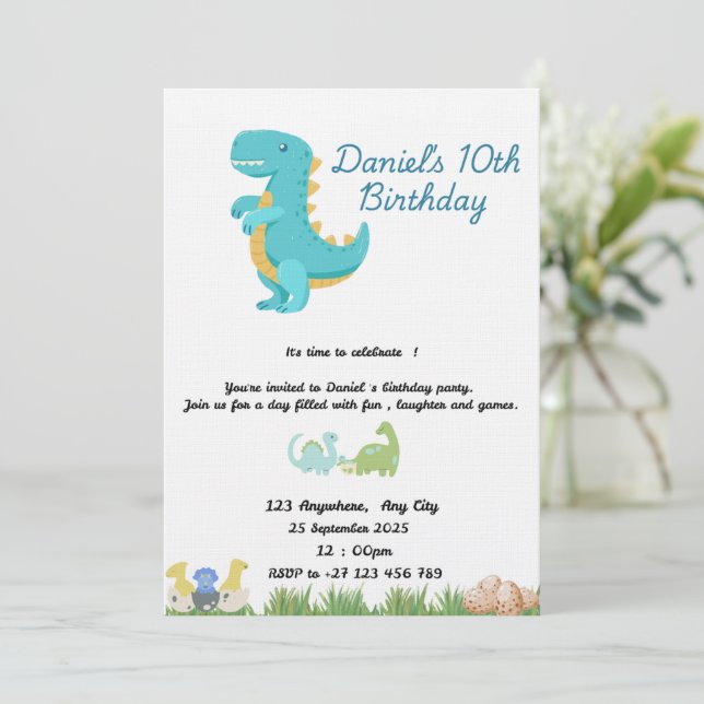Invitation Cute Blue Dinosaur Theme (Debout devant)