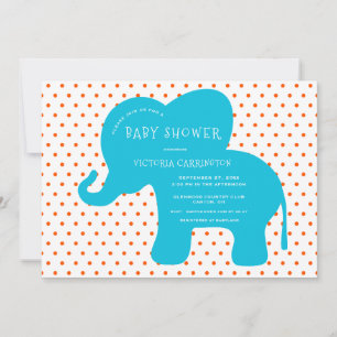 Invitation Cute Blue Elephant Orange Baby shower À petits poi