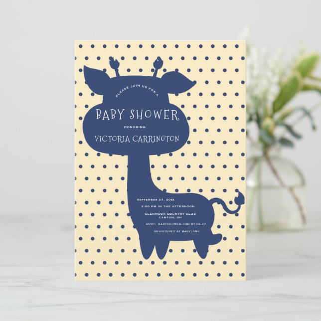 Invitation Cute Blue Giraffe Polkadot Jaune Baby shower (Debout devant)