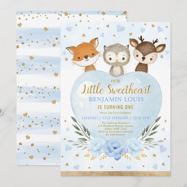 Invitation Cute Blue Gold Woodland Amoureux 1er anniversaire (Devant / Derrière)