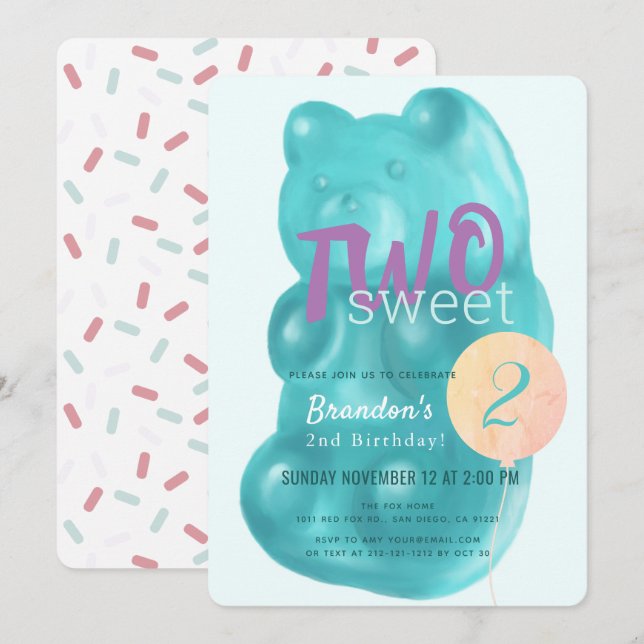 Invitation Cute Blue Gummy Bear Two Sweet 2e anniversaire (Devant / Derrière)