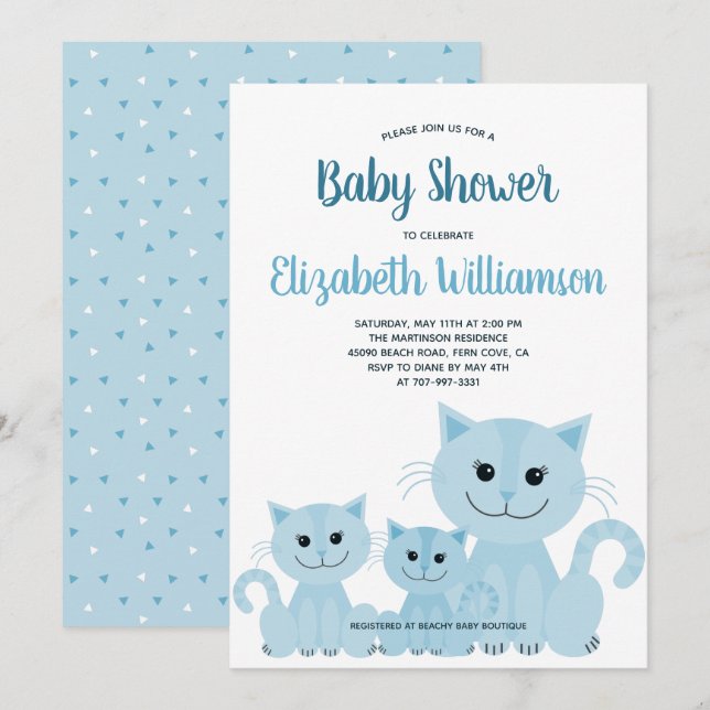 Invitation Cute Blue Kitty Chat Kitten Boy Baby shower modern (Devant / Derrière)