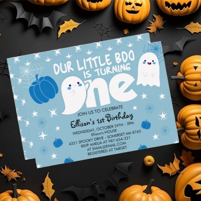 Invitation Cute Blue Little Boo Halloween Premier anniversair (Créateur téléchargé)