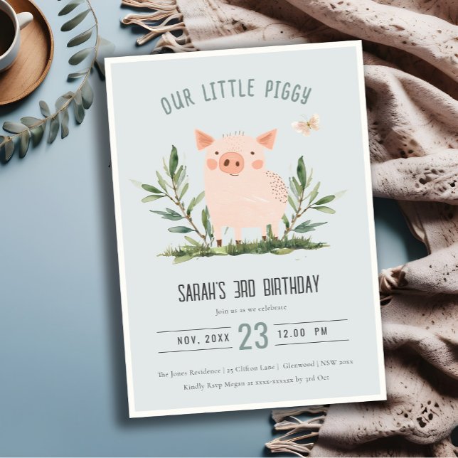 Invitation Cute Blue Little Farm Pig Papillon Anniversaire de (Créateur téléchargé)