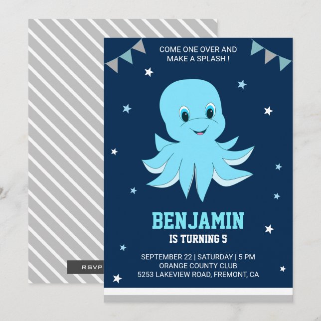Invitation Cute Blue Octopus Anniversaire de enfant Party Inv (Devant / Derrière)