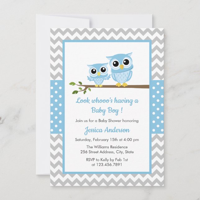 Invitation Cute Blue Owl Grey Chevron Boy Baby shower (Devant)