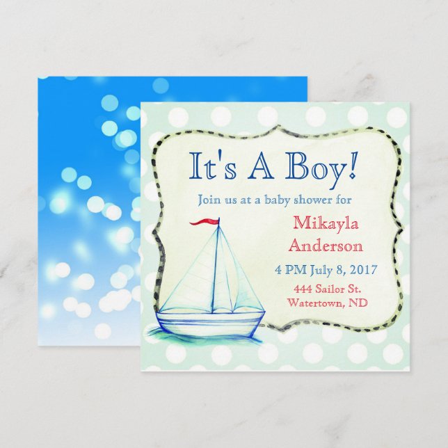 Invitation Cute Blue Sailboat Baby shower nautique (Devant / Derrière)
