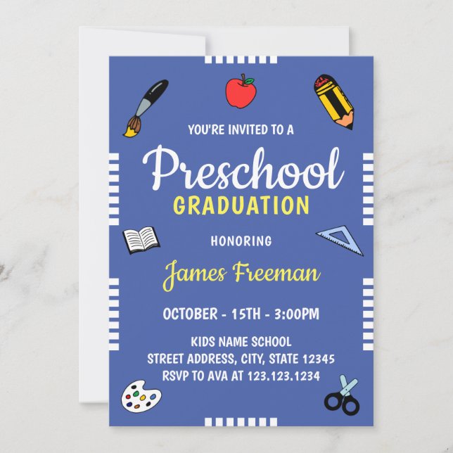 Invitation Cute Blue School Supplies Maternelle (Devant)