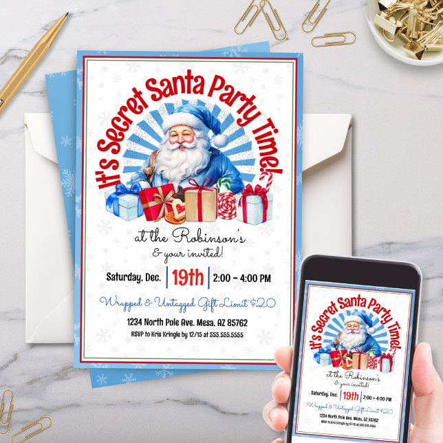 Invitation Cute Blue Secret Père Noël Christmas Party Invitat (Blue Christmas secret santa party invitations for holiday party or gift exchange white elephant)