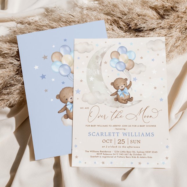 Invitation Cute Blue Teddy Bear Lune Ballons Baby shower garç (Créateur téléchargé)