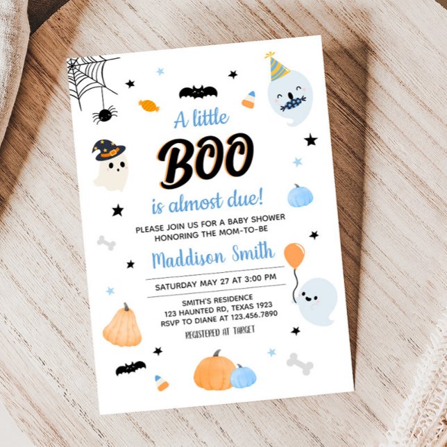 Invitation Cute Blue Un Petit Baby shower Boo (Cute Blue Ghost Baby Shower Invitation)