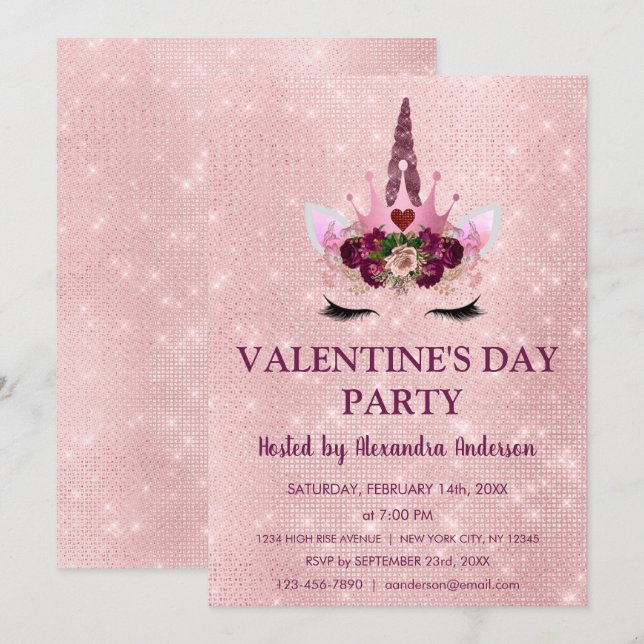 Invitation Cute Blush rose Unicorn Saint Valentin fête (Devant / Derrière)