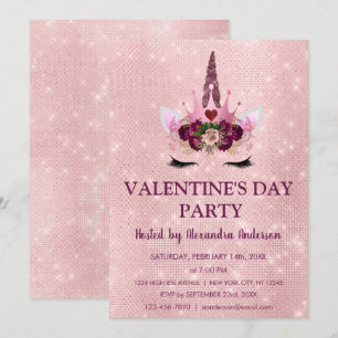 Invitation Cute Blush rose Unicorn Saint Valentin fête