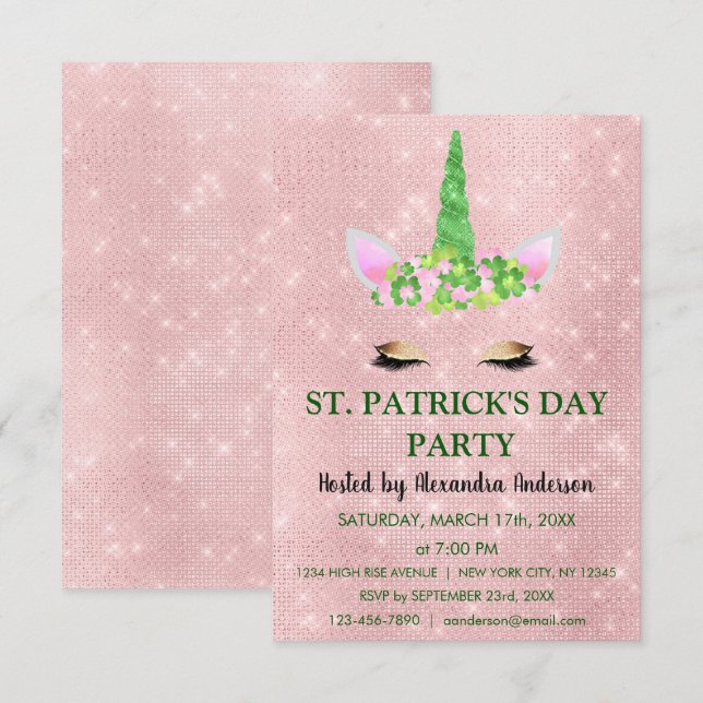Invitation Cute Blush rose Unicorn St. Patrick's Day Party (Devant / Derrière)