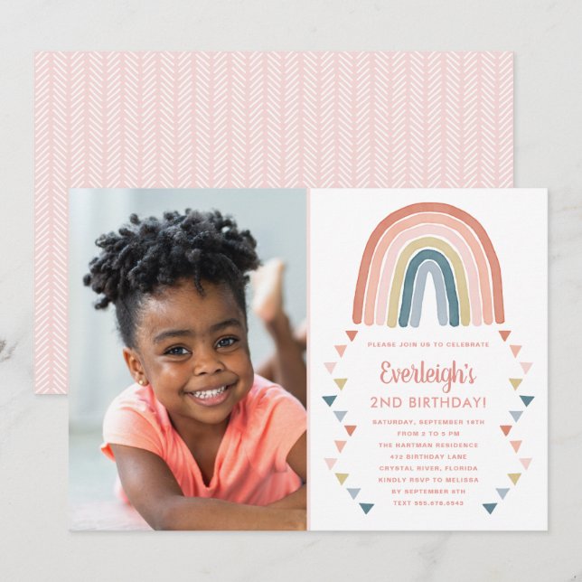 Invitation Cute Boho Aquarelle arc-en-ciel Photo Anniversaire (Devant / Derrière)