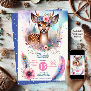 Invitation Cute Boho Aquarelle Woodland Deer Anniversaire