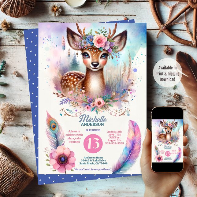 Invitation Cute Boho Aquarelle Woodland Deer Anniversaire (Available in Print and Instant Download)