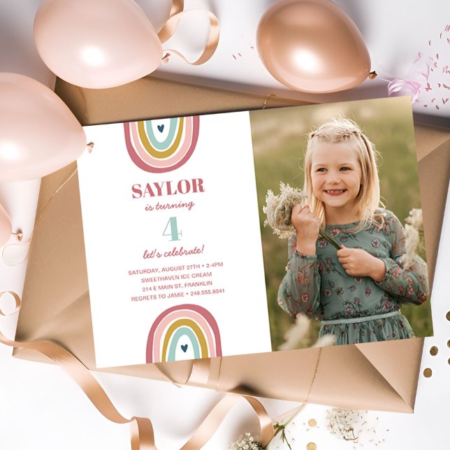 Invitation Cute Boho Rainbow Pink Photo Anniversaire (Créateur téléchargé)