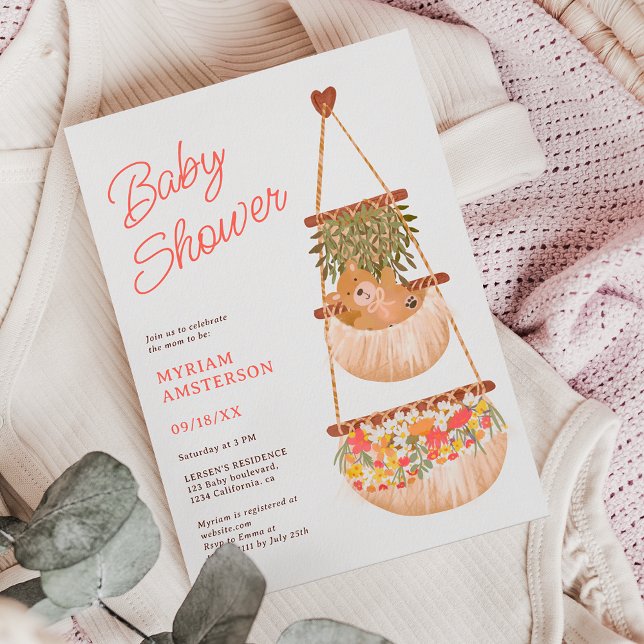 Invitation Cute boho teddy ours baby shower neutre (Cute boho teddy bear gender neutral baby shower invitation)