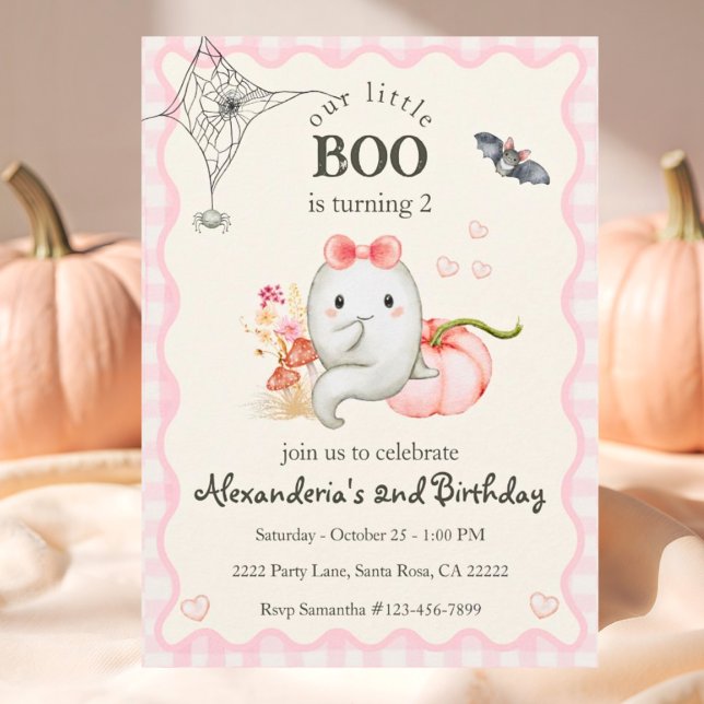 Invitation Cute Boo Ghost rose Anniversaire Fille (Cute Ghost Boo Turning 2 Birthday Party Invitation. Easy to personalize.)