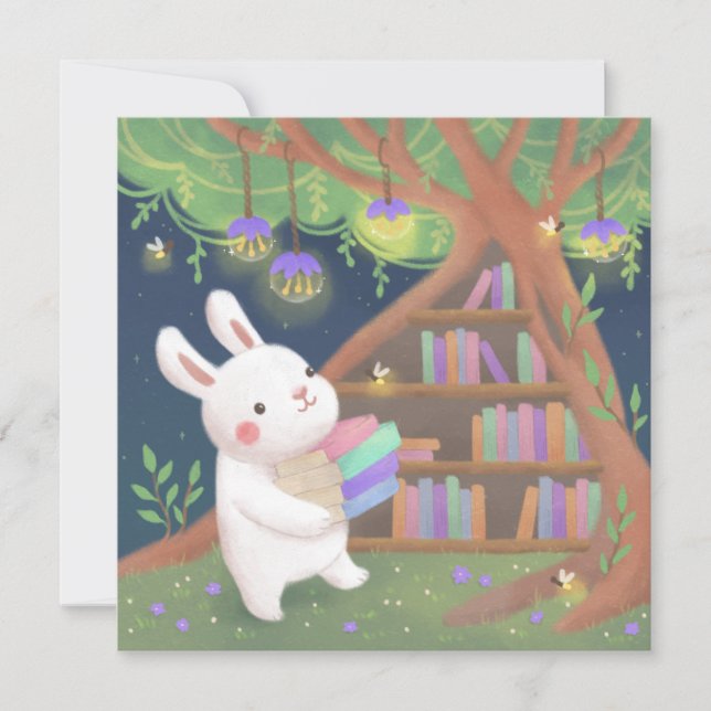 Invitation Cute Bookaholic Bunny Illustration (Devant)