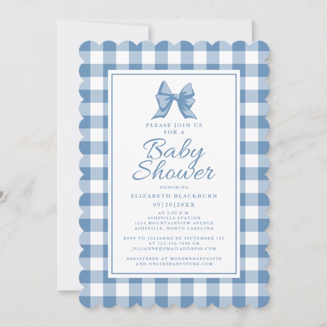 Invitation Cute Bow Pastel Bleu & Blanc En vichy Chèque Motif (Devant)
