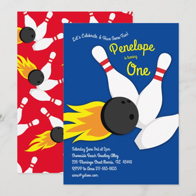 Invitation Cute Bowling Enfants 1er Anniversaire de fête Spor (Devant / Derrière)
