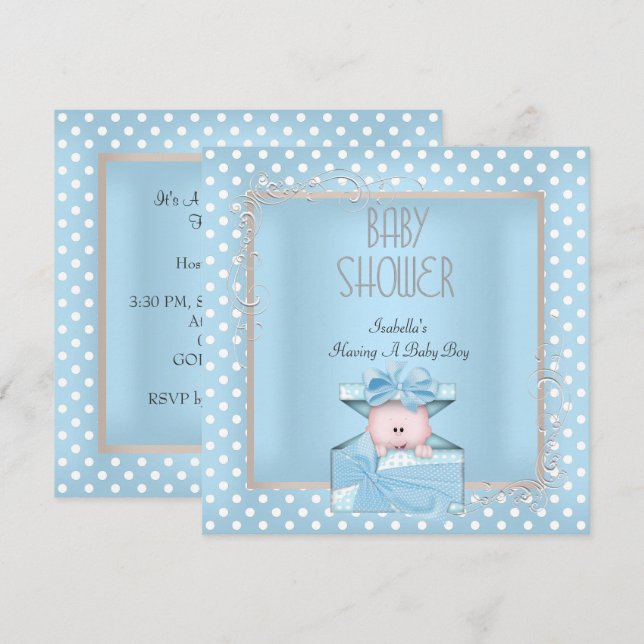 Invitation Cute Boy Baby shower Bleu Blanc Pois (Devant / Derrière)