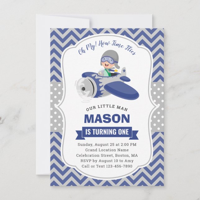 Invitation Cute Boy Blue Grey Avion 1ère fête d'anniversaire (Devant)