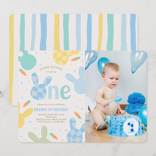 Invitation Cute Boy Bunny 1er Anniversaire Photo (Devant / Derrière)