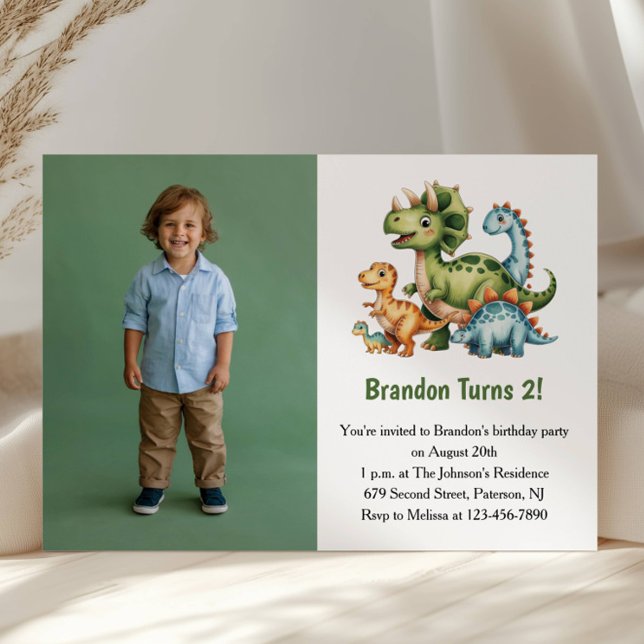 Invitation Cute Boy Dinosaur Photo Kids 2nd Birthday Party (Créateur téléchargé)