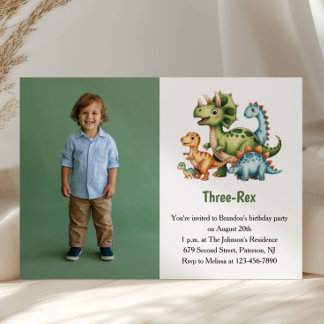 Invitation Cute Boy Dinosaur Photo Kids 3rd Birthday Party