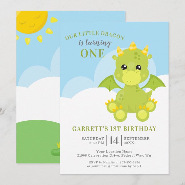 Invitation Cute Boy Dragon 1er anniversaire (Devant / Derrière)