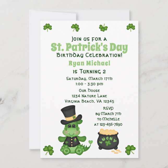 Invitation Cute Boy Dragon St. Patrick's Day Anniversaire (Devant)