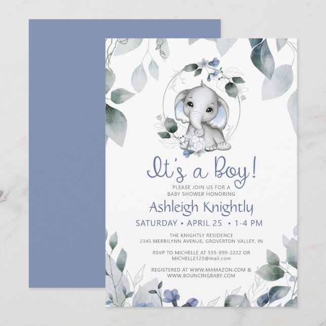 Invitation Cute Boy Elephant Aquarelle Baby shower vert (Devant / Derrière)