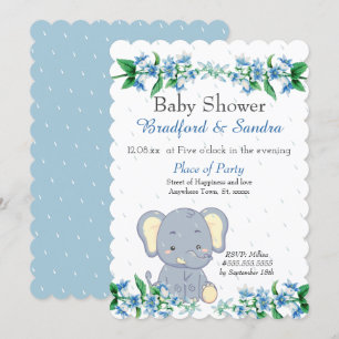 Invitation Cute Boy Elephant Blue Floral Baby shower