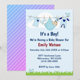 Invitation Cute Boy sur Clothesline Boho Baby shower