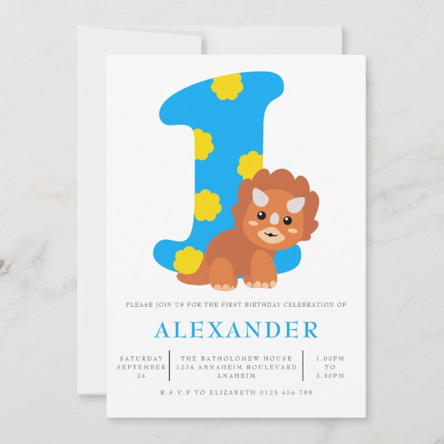 Invitation Cute Boys Blue Dinosaur 1er anniversaire (Devant)
