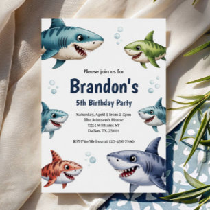 Invitation Cute Boys Watercolor Requin fête d'anniversaire
