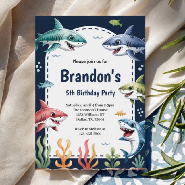 Invitation Cute Boys Watercolor Shark Birthday Party (Créateur téléchargé)