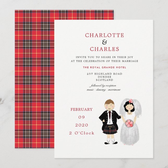 Invitation Cute Bride et Groom Scottish Tartan Mariage thème (Devant / Derrière)