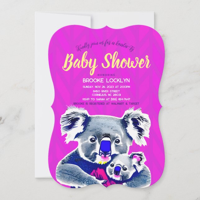 Invitation Cute Bright Neon rose maman et bébé Koalas douche (Devant)