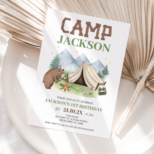 Invitation Cute Brown Bear Mountains Camp Thématique 1er anni (Camping Themed 1st Birthday Invitation Boy Mountain Scene Bear Happy Camper First Birthday Template)
