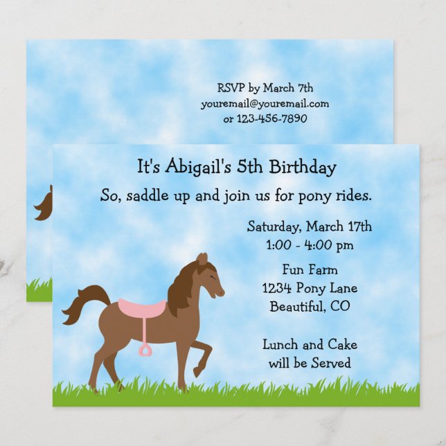 Invitation Cute Brown Horse Pony Rides Filles Anniversaire In (Devant / Derrière)