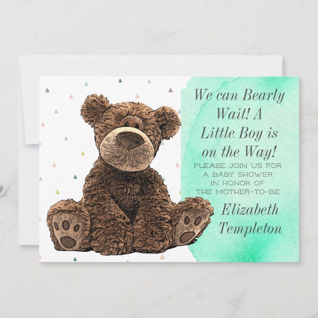 Invitation Cute Brown Ours C'est un garçon Turquoise Baby sho (Devant)