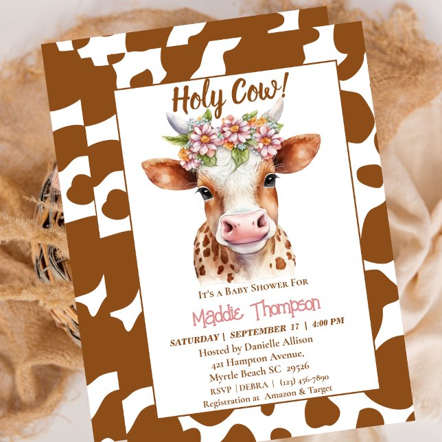 Invitation Cute Brown Vache Floral Farm Baby shower à thème (Créateur téléchargé)