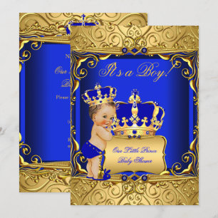 Invitation Cute Brunette Baby shower Garçon Regal Royal Blue